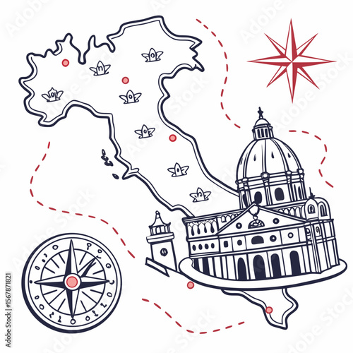 Italian map with landmarks and compass italy travel