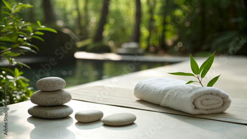Serene Spa Setting: Poolside Relaxation with Stones, Towels, and Bamboo