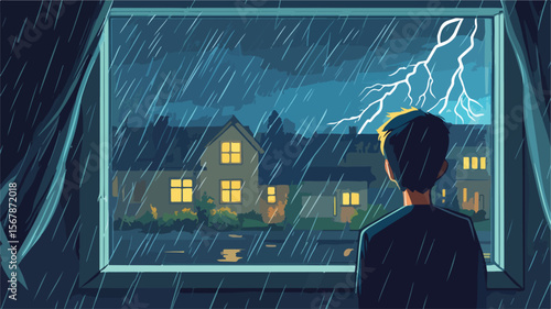 Urban man looking at rain through window on city street vector illustration