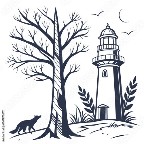 Lighthouse scene with fox and bare tree nature coastal