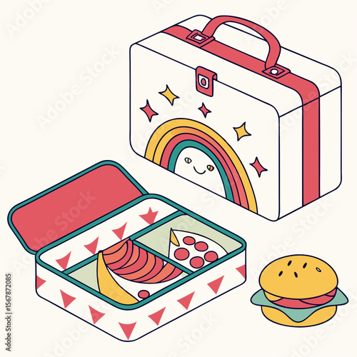 Lunchbox with food and rainbow design banana pizza