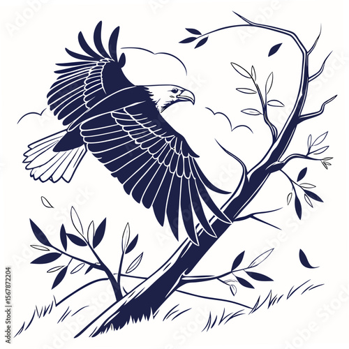 Majestic eagle soaring near bare branches bird flying