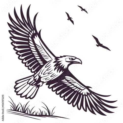 Majestic eagle soaring with birds flying wings