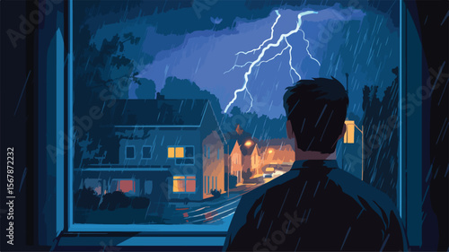 Urban Man Admiring Rain on City Street Through Window Vector Illustration