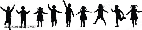 Children silhouette group jumping dancing playful cute vector on white background, energetic kids illustration, happy childhood activity, fun motion silhouettes