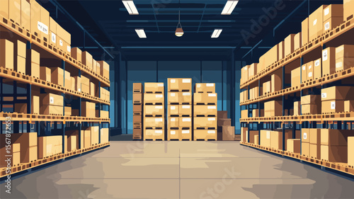 Organized Modern Warehouse Interior Design with Shelves and Lighting