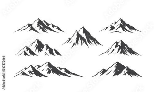 Set of Mountain Range Silhouettes in Black and White