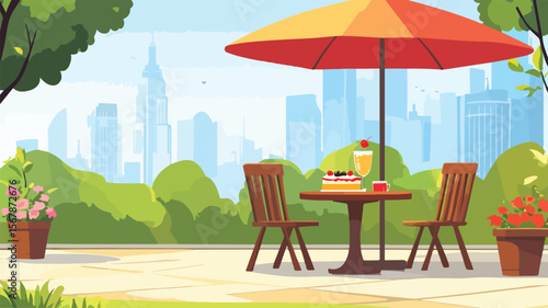 Sunny Day Outdoor Cafe in City Park Vector Illustration
