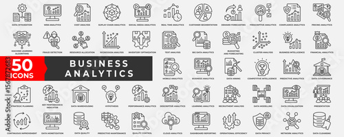 Business Analytics icon collection set. Containing Analytics, database, performance, management, business, process, quality, document, strategy, growth and report. Simple line Vector illustration.