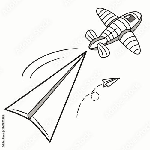 Paper airplane chasing toy airplane flight chase