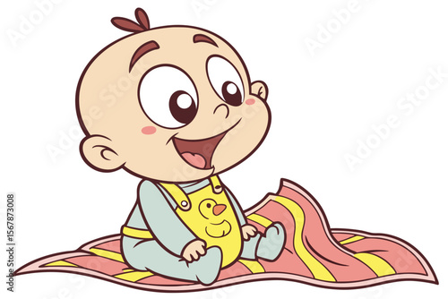 Vector cute Baby Boy cartoon character, with curious wide eyes and a happy giggle, wearing a yellow duck-themed bib and sitting on a soft blanket, in a cheerful, bright style, isolated on white backgr