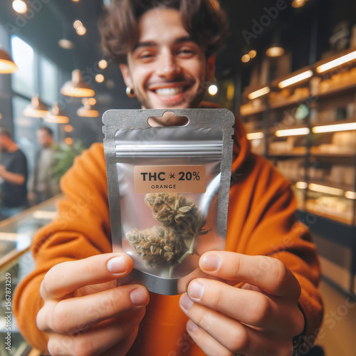 Participant in a cannabis pilot program, presents a sample of marijuana in a sealed, labeled pouch that indicates the THC content. professional dispensary. regulated approach. Access. Generative AI