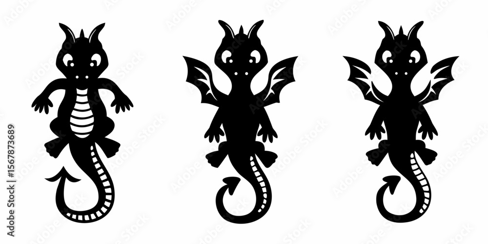 Obraz premium Three stylized black dragon silhouettes with varying wing and body designs on a white background created with generated ai