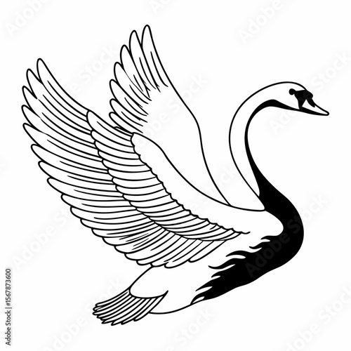 Elegant swan with outstretched wings in black and white line art style graceful avian illustration artful bird created with generated ai