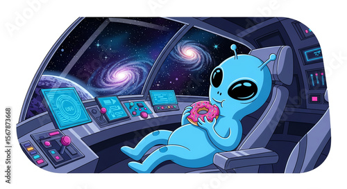 Humorous Cartoon: Relaxed Blue Alien Eating Donut in Spaceship with Galaxy View, Comic Style Illustration for Sci-Fi Concepts