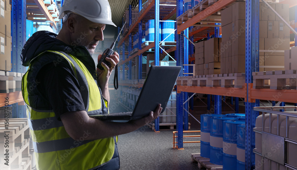 Man with laptop working in warehouse. Storage company supervisor. Storekeeper standing with computer in hands. Industrial warehouse supervisor. Experienced man storekeeper in yellow vest Man with laptop working in warehouse. Storage company supervisor. Storekeeper standing with computer in hands. Industrial warehouse supervisor. Experienced man storekeeper in yellow vest
