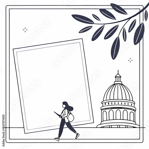 Person walking past building and foliage dome