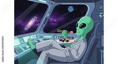 Relaxed Alien Enjoying Sushi in Spacecraft with Galaxy View - High-quality stock image for commercial use