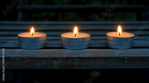 Candlelight Harmony: Three lit candles cast a warm, inviting glow upon a wooden surface, creating a serene and contemplative atmosphere.