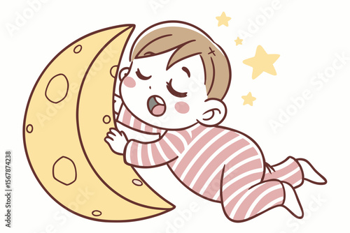 Vector cute Baby Boy cartoon character, with sleepy eyes and a gentle yawn, wearing striped pajamas and hugging a crescent moon pillow, in a soft, dreamy style, isolated on white background