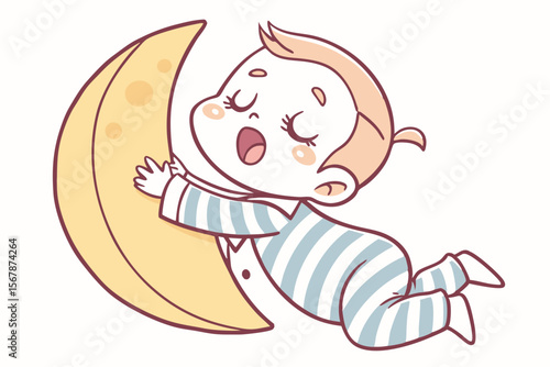 Vector cute Baby Boy cartoon character, with sleepy eyes and a gentle yawn, wearing striped pajamas and hugging a crescent moon pillow, in a soft, dreamy style, isolated on white background