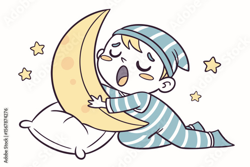 Vector cute Baby Boy cartoon character, with sleepy eyes and a gentle yawn, wearing striped pajamas and hugging a crescent moon pillow, in a soft, dreamy style, isolated on white background