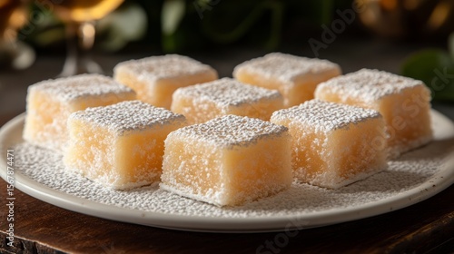Gourmet Dessert Cubes: A culinary display of elegant dessert cubes dusted with powdered sugar, offering a tempting treat for the senses, perfect for culinary imagery.
