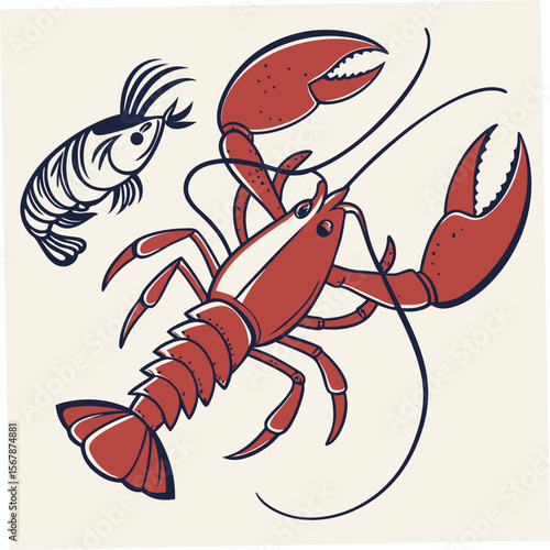 Red lobster and shrimp illustration seafood blue