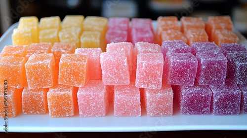 Sweet Spectrum: An array of vibrant, bite-sized, fruit-flavored candies arranged in a colorful and appealing display, invoking the pleasure of indulgence.