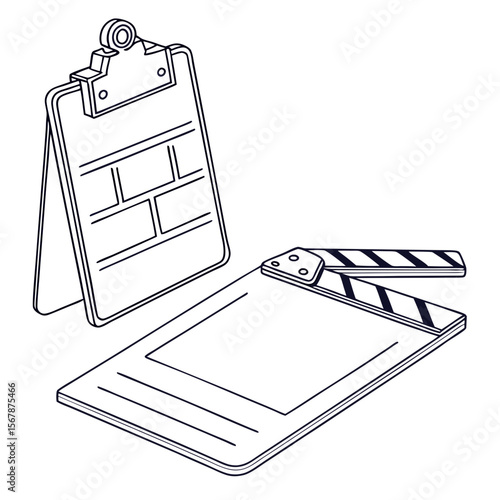 Storyboard and clapperboard for filmmaking movie production