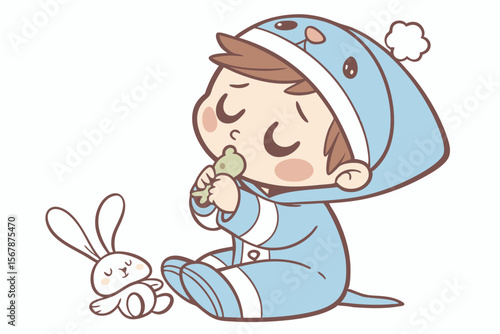 Vector cute Baby Boy cartoon character, with soft, sleepy eyes and a thumb in his mouth, wearing a cozy blue blanket sleeper and holding a small, worn bunny, in a comforting, peaceful style, isolated 