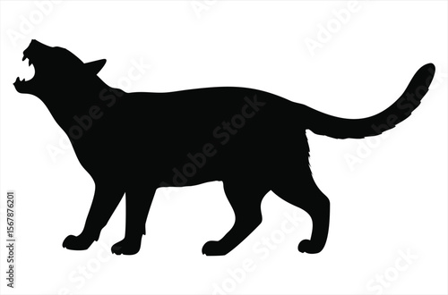 Silhouette of a black cat with its mouth wide open showing sharp teeth and tongue in a defensive or aggressive stance against a white background
