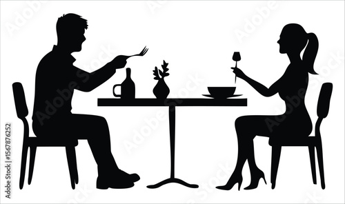 Silhouette of a man and woman dining together at a table with a bottle of wine and a vase of flowers symbolizing a romantic dinner or a special occasion. Ideal for use in food service branding, dining