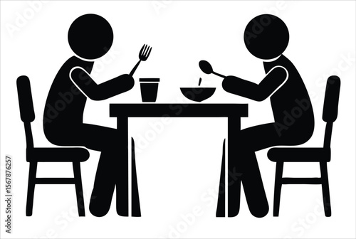 Silhouette of two people sitting at a table eating food with cutlery and bowls, a simple black and white illustration representing a mealtime or dining experience. Ideal for use in food service brand