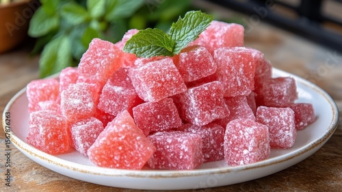Sweet Delight: A close-up shot captures a plate overflowing with vibrantly pink, square-shaped, candied delicacies, adorned with a sprig of fresh mint, tempting the viewer with its sugary allure.
