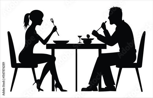 Silhouette of two people sitting at a table eating food with cutlery and bowls, a simple black and white illustration representing a mealtime or dining experience. Ideal for use in food service brand
