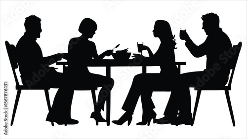 Four friends enjoying a meal together at a table with two men and two women silhouetted, sharing drinks and conversation. Ideal for use in food service branding, dining-related infographics,