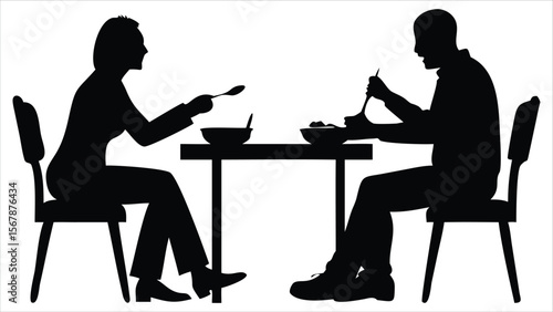 A man and a woman are silhouetted sitting at a table eating a meal together with bowls and spoons. Ideal for use in food service branding, dining-related infographics, restaurant websites, menu design