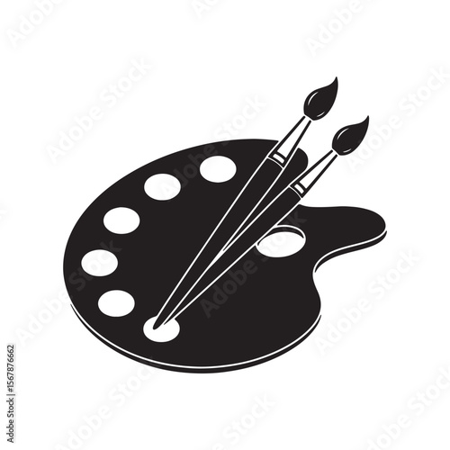 Black and white illustration of an artists palette with two paintbrushes resting on top circular wells of paint visible on the palette