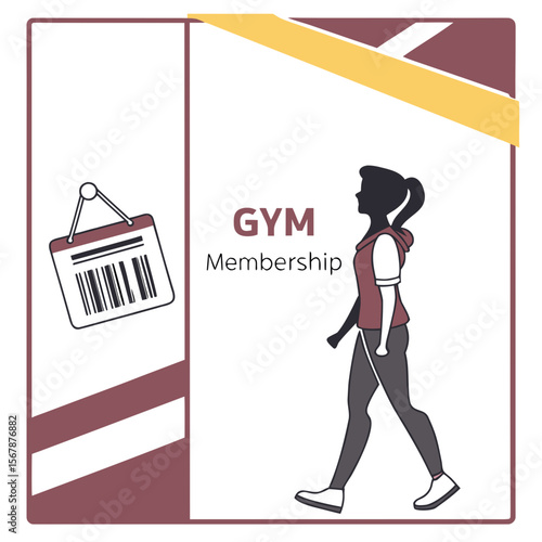 Woman walking gym membership card barcode