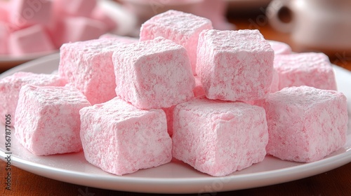 Pink Marshmallow Delight: A delightful stack of soft, fluffy pink marshmallows, dusted with powdered sugar, inviting a sweet treat, perfect for dessert or a light snack.
