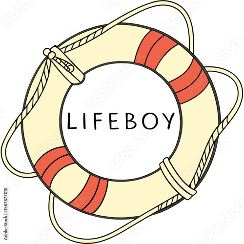 Yellow lifebuoy with red stripes and rope life preserver