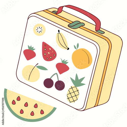 Yellow lunchbox with fruit illustrations strawberry