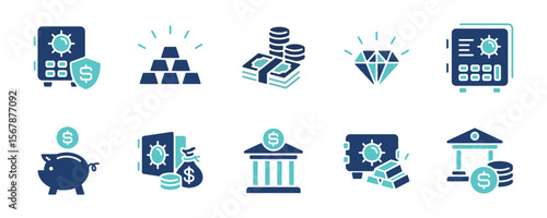 simple finance money savings bank safe icon vector set business economy currency wealth gold, diamond, and billfold investment signs vector illustration for web and app