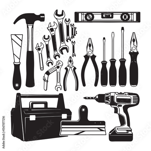 Black and White Illustration of Assorted Hand Tools Including Hammer Wrenches Pliers Screwdrivers Level Tool Box and Cordless Drill