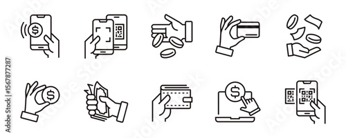 cashless mobile payment icon line set online shopping digital purchase money transfer signs vector hand hold phone pay bill symbol illustration