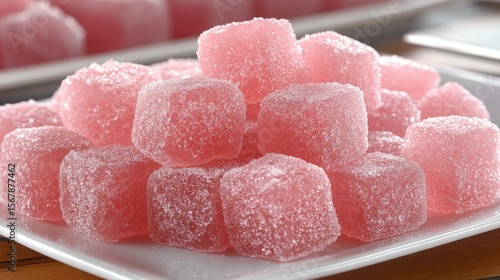 Pink Gelatin Cubes: A delightful pile of glistening pink gelatin cubes, delicately dusted with sugar, rests on a pristine white plate.