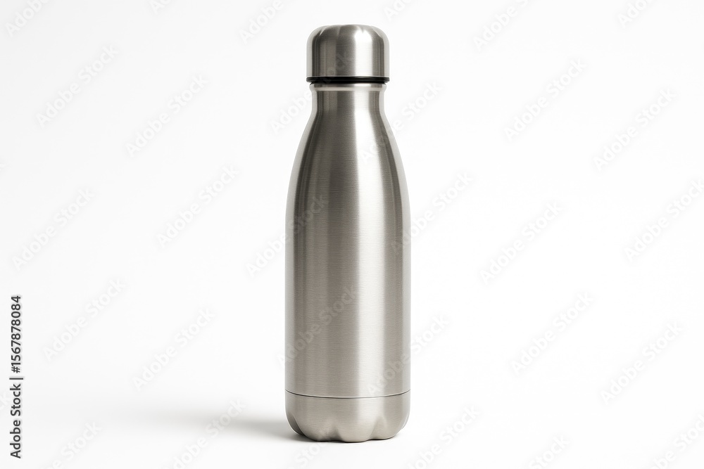 Detailed view of a metallic stainless steel water container against a plain white backdrop Detailed view of a metallic stainless steel water container against a plain white backdrop