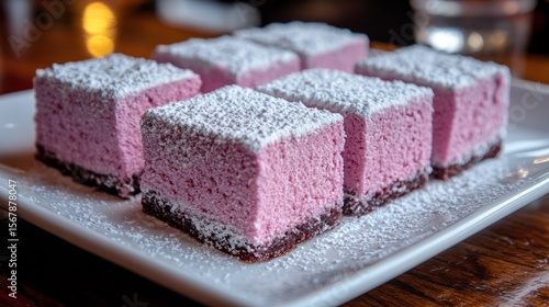 Berry delight: A close-up shot showcasing six delightful pink square desserts, dusted with a generous layer of powdered sugar, offering a delectable treat for the senses.