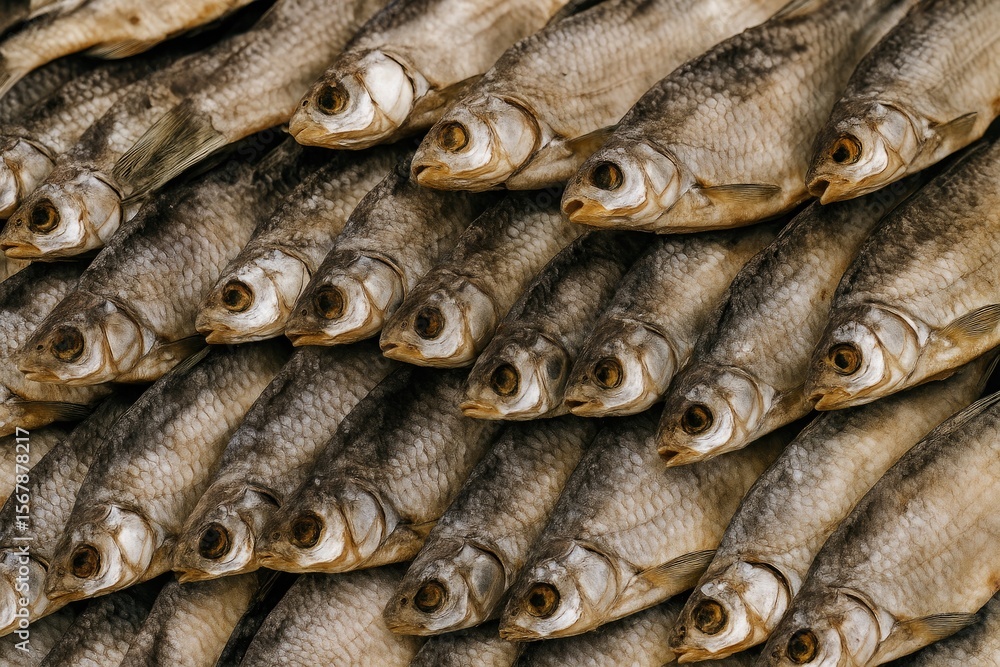 Obraz premium Detailed view of preserved salted freshwater fish displayed at a street market stall